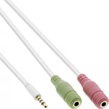 InLine audio headset adaptérový kábel 3,5 mm konektor samec 4-polohový / 2x 3,5 mm, biely, 1 m