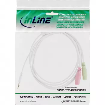InLine audio headset adaptérový kábel 3,5 mm konektor samec 4-polohový / 2x 3,5 mm, biely, 1 m