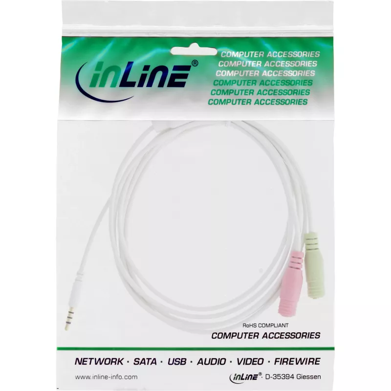 InLine audio headset adaptérový kábel 3,5 mm konektor samec 4-polohový / 2x 3,5 mm, biely, 1 m