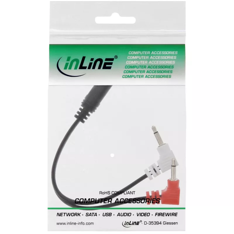 InLine audio plochý adaptérový kábel pre slúchadlá, 2x 3,5 mm konektor samec na 3,5 mm konektor samica 3-polohový, 0,15 m