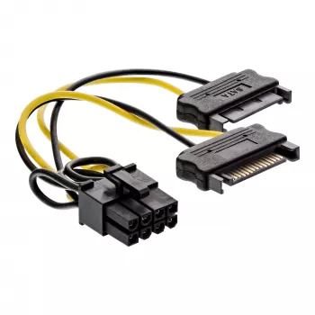 InLine napájací adaptérový kábel, 2x SATA konektor samec / 8pin PCI-Express konektor samec, 0,15 m