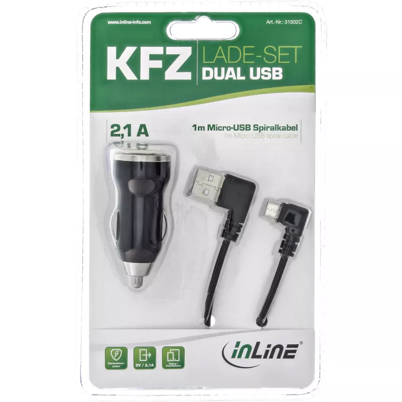 InLine USB DUAL+ autonabíjacia sada, napájací zdroj so 1 m špirálovým káblom