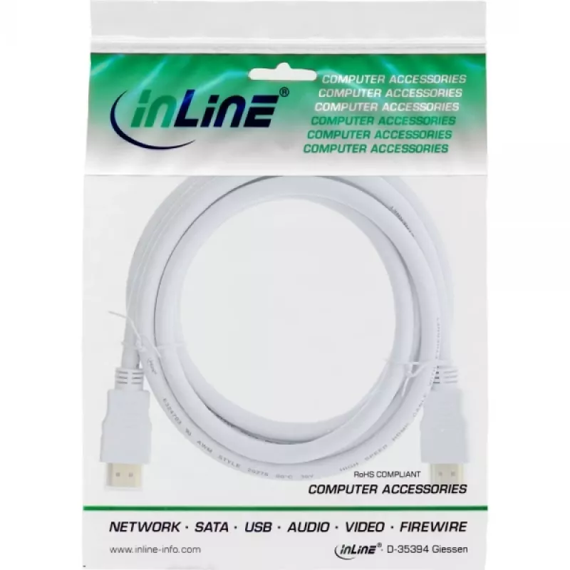 InLine High Speed HDMI kábel s Ethernetom, M/M, biely, pozlátené kontakty, 2 m