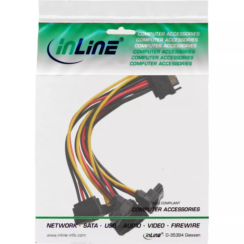 InLine SATA napájací 1-na-4 kábel samica / 4x SATA konektor samec zahnutý so zaistením 0,15 m
