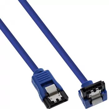 InLine SATA 6Gb/s okrúhly kábel modrý 90° zahnutý so zámkami 0,3 m
