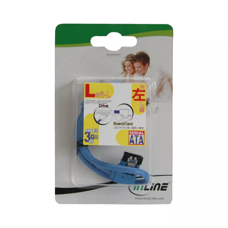 InLine SATA 6Gb/s okrúhly kábel modrý vľavo zahnutý 90° so zámkami 0,5 m