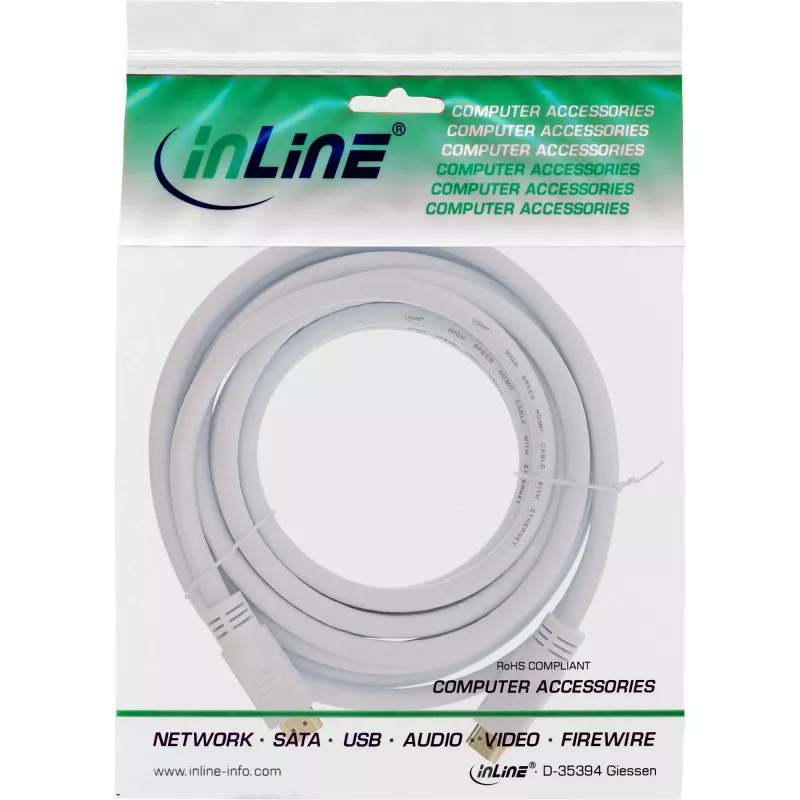 InLine High Speed HDMI kábel s Ethernetom, M/M, biely, pozlátené kontakty, 5 m