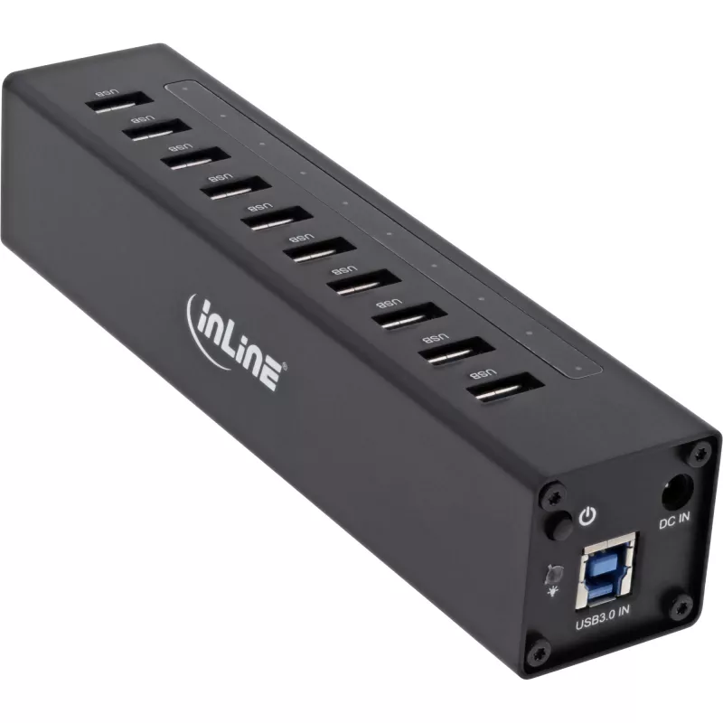 InLine USB 3.0 10 portový hub hliníkové puzdro s 4A napájacím zdrojom, čierny
