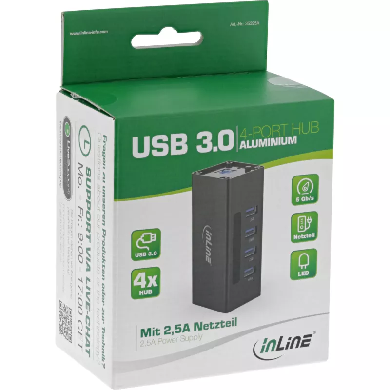 InLine USB 3.0 hub, 4 porty, hliníkové puzdro, s 2,5A napájacím zdrojom