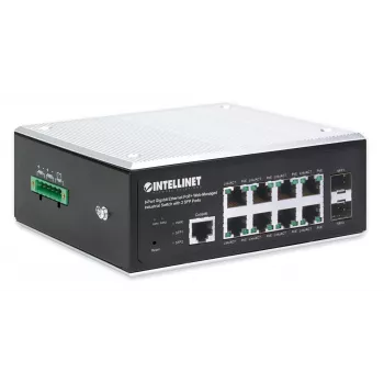 Intellinet Industrial 8-portový Gigabit Ethernet PoE+ Layer 2+ Web-Managed switch s 2 SFP portmi, v súlade s IEEE 802.3at/af (PoE+/PoE), PoE výkonový rozpočet až do 240 W, Layer 2+/Layer 3 Lite, IP30 certifikované kovové puzdro, samoopravná sieť, Endsp