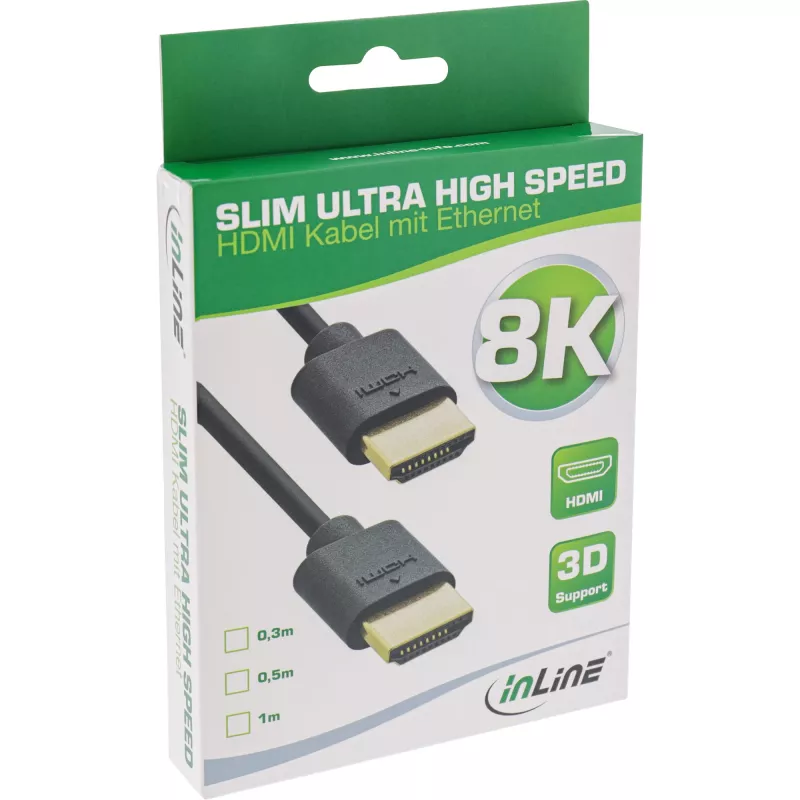 InLine Slim Ultra High Speed HDMI kábel M/M 8K4K pozlátený čierny 1m
