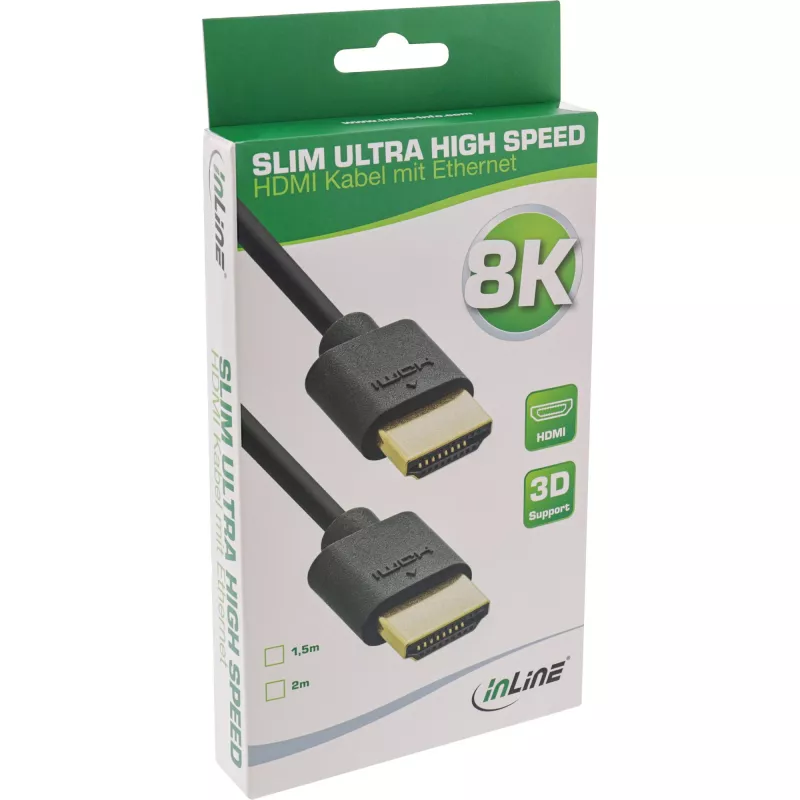 InLine Slim Ultra High Speed HDMI kábel M/M 8K4K pozlátený čierny 2m
