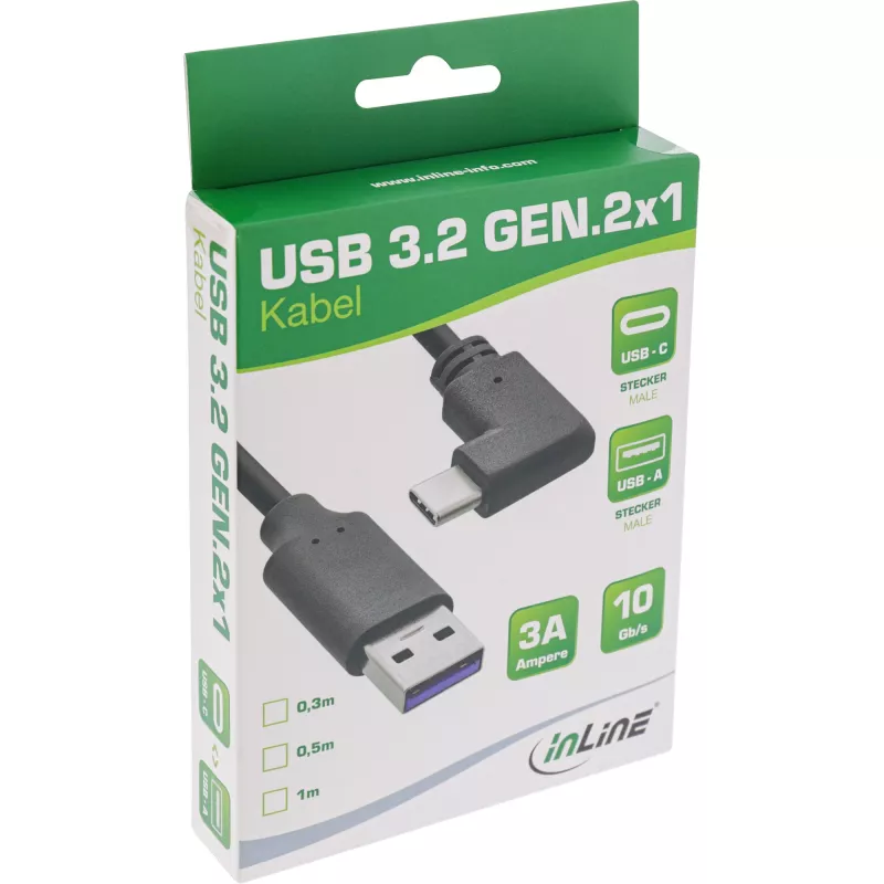 InLine USB 3.2 kábel, USB-C konektor samec zahnutý na USB-A konektor samec, čierny, 1m
