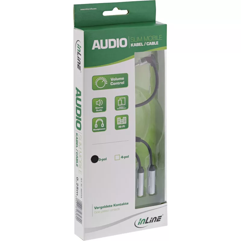 InLine tenký audio Y kábel 3,5 mm konektor samec / 2x konektor samica, s regulátorom hlasitosti 0,25 m