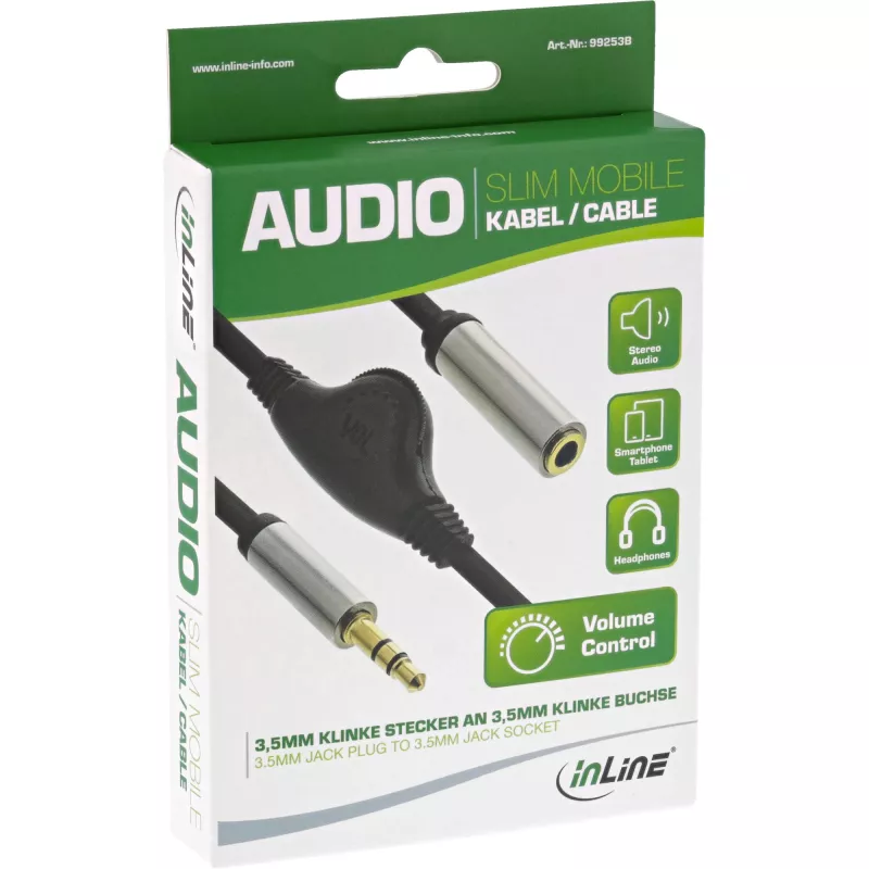 InLine tenký audio kábel 3,5 mm konektor samec / konektor samica s regulátorom hlasitosti 0,25 m