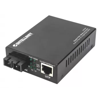 Intellinet Gigabit PoE+ mediálny konvertor, 1000Base-T RJ45 port na 1000Base-LX (SC) Singlemode, 20 km, PoE+ injektor