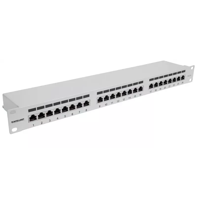 Intellinet patch panel, Cat6a, FTP, 24-port, 1U, tienený, 90° Top-Entry LSA lišty, sivý