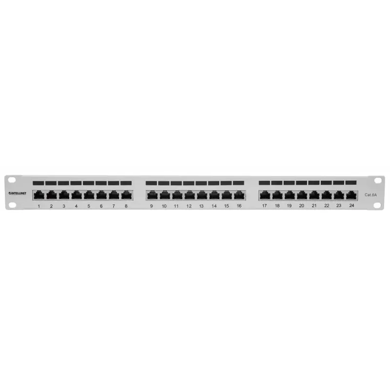 Intellinet patch panel, Cat6a, FTP, 24-port, 1U, tienený, 90° Top-Entry LSA lišty, sivý
