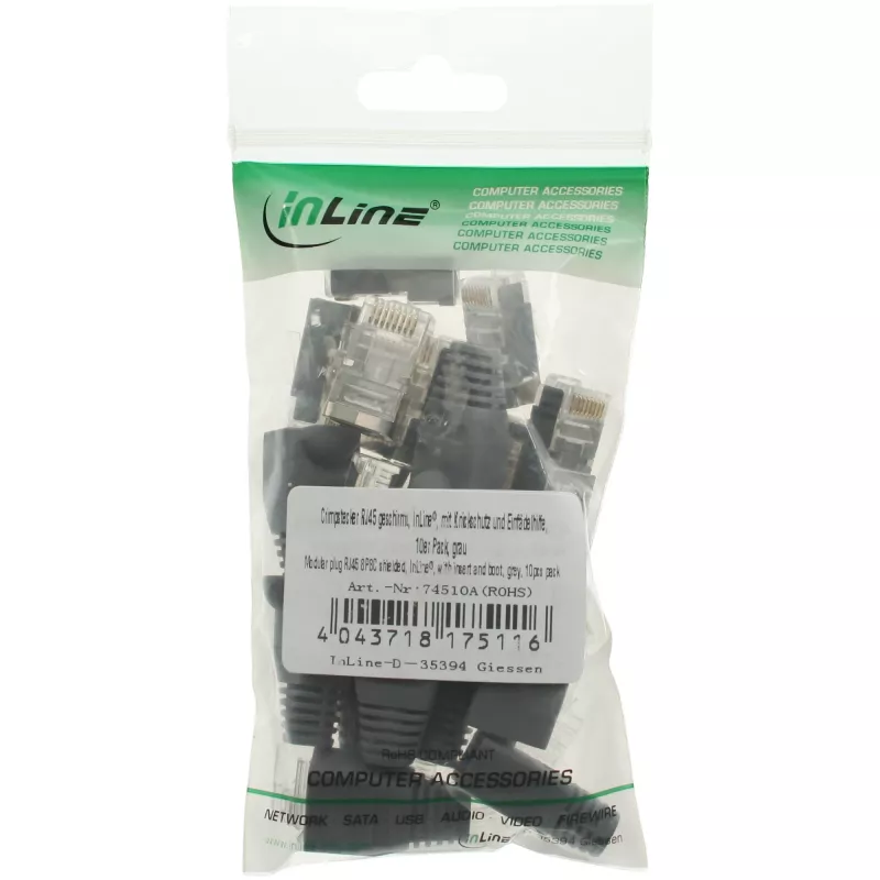 InLine crimp konektor RJ45 8P8C tienený s navliekacou pomôckou a ochranou proti zlomeniu, sivý