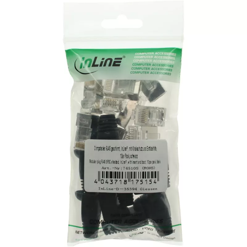 InLine crimp konektor RJ45 8P8C tienený s navliekacou pomôckou a ochranou proti zlomeniu, čierny