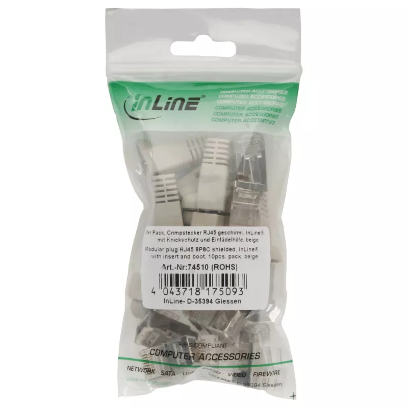InLine crimp konektor RJ45 8P8C tienený s navliekacou pomôckou a ochranou proti zlomeniu béžový