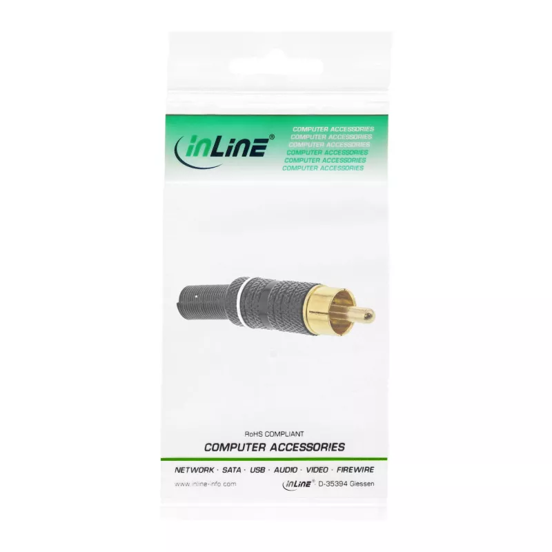 InLine RCA konektor samec na spájkovanie biely krúžok kov čierny pre 6 mm kábel