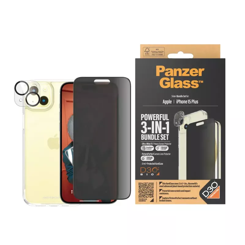 PanzerGlass Privacy 3-in-1 Pack iPhone 15 Plus tvrdené sklo