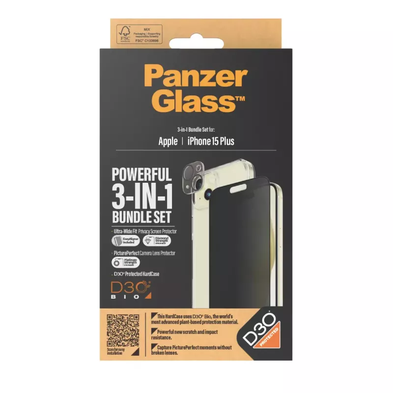 PanzerGlass Privacy 3-in-1 Pack iPhone 15 Plus tvrdené sklo