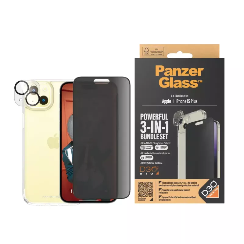 PanzerGlass Privacy 3-in-1 Pack iPhone 15 Plus tvrdené sklo