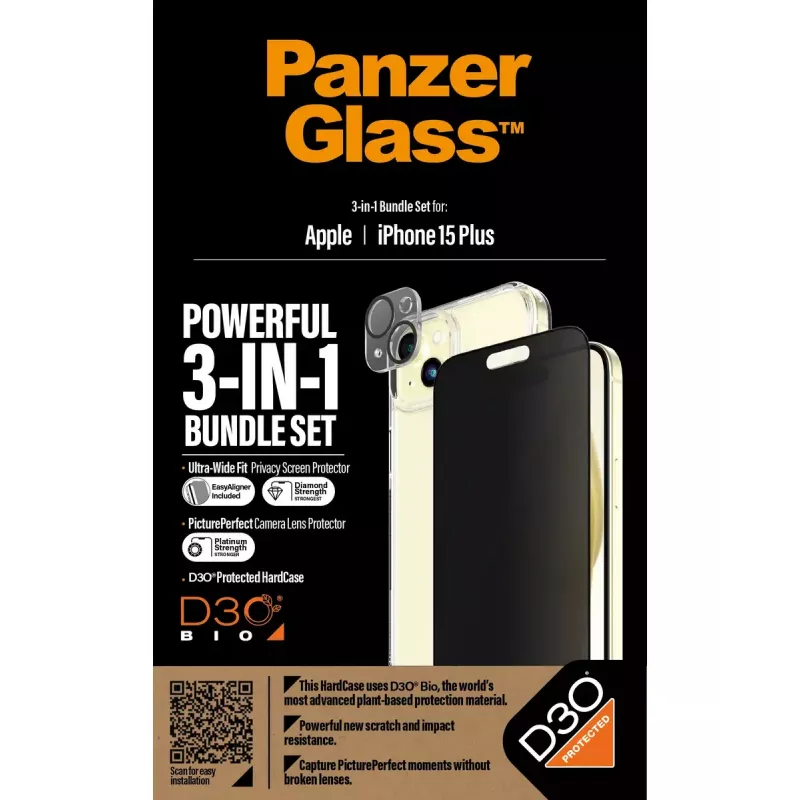 PanzerGlass 3-in-1 Pack iPhone 15 Plus nárazuvzdorné tvrdené sklo