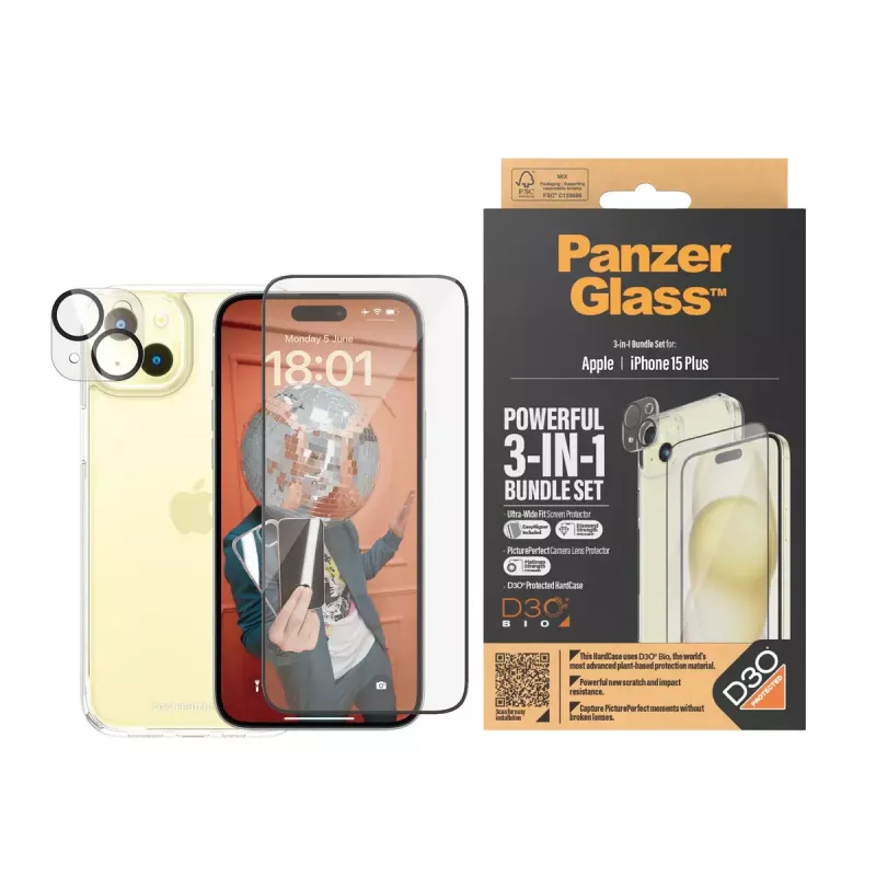 PanzerGlass 3-in-1 Pack iPhone 15 Plus nárazuvzdorné tvrdené sklo