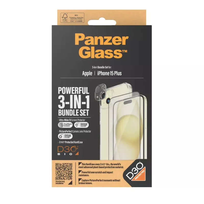 PanzerGlass 3-in-1 Pack iPhone 15 Plus nárazuvzdorné tvrdené sklo