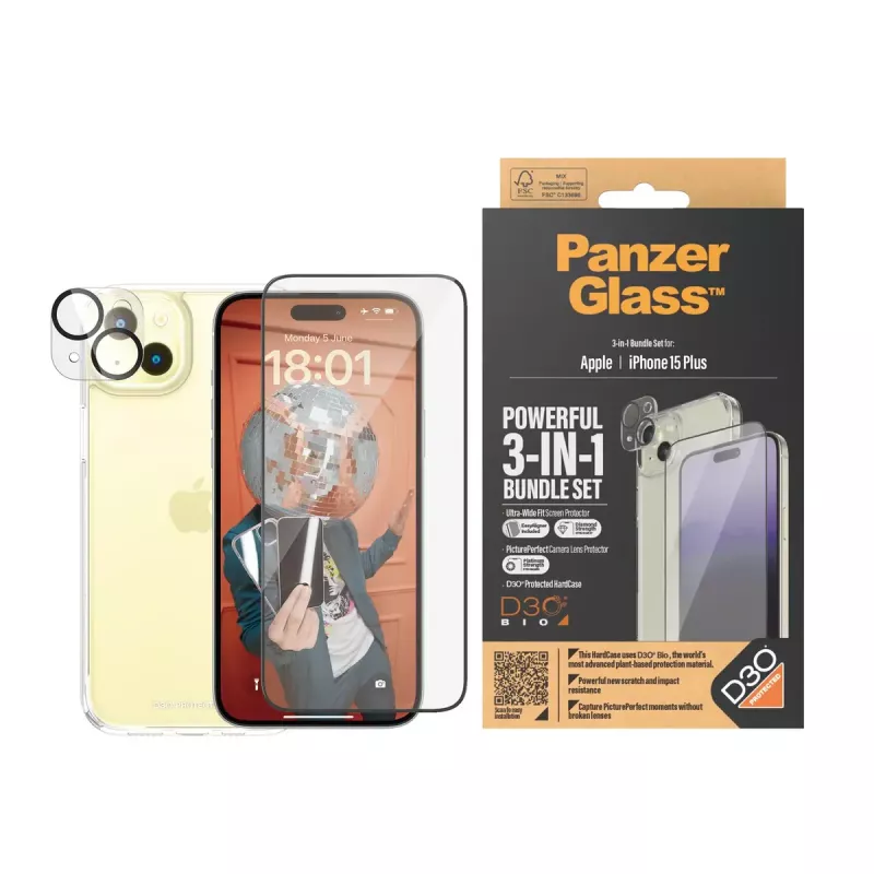 PanzerGlass 3-in-1 Pack iPhone 15 Plus nárazuvzdorné tvrdené sklo