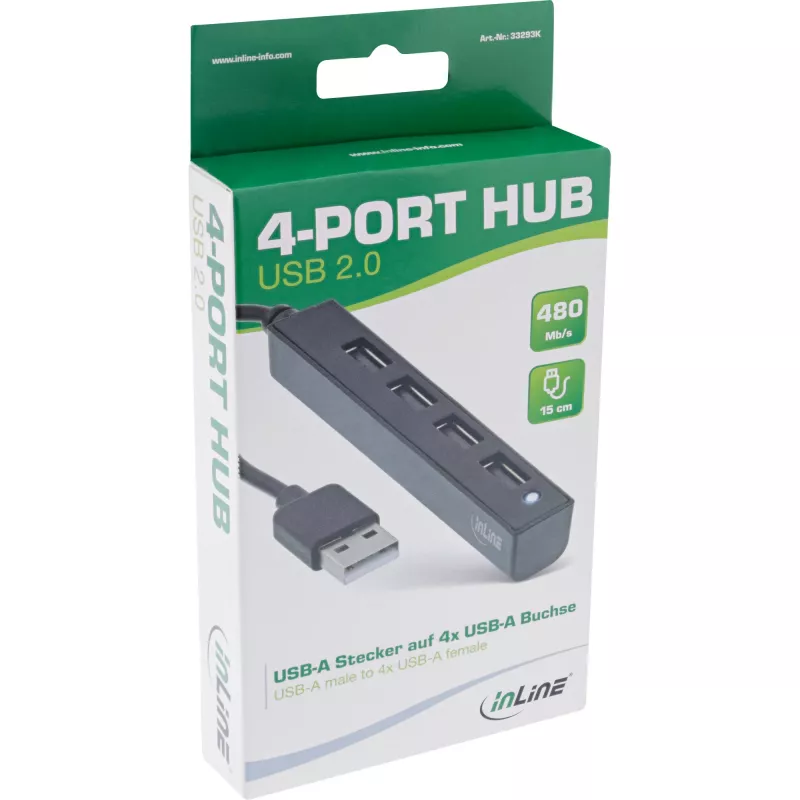 InLine USB 2.0 4-port hub, USB-A konektor samec na 4x USB-A konektor samica, kábel 15cm