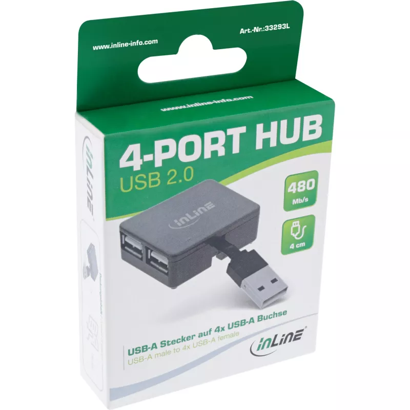 InLine USB 2.0 4-port hub, USB-A konektor samec na 4x USB-A konektor samica, kábel 4cm