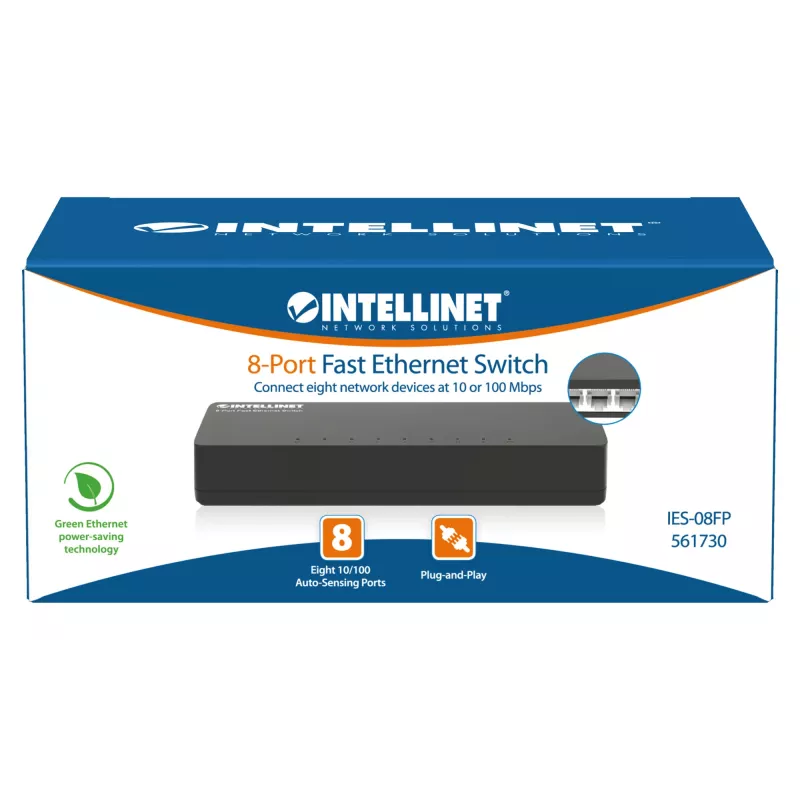 Intellinet 8-port Fast Ethernet switch desktop veľkosť, plast, IEEE 802.3az (Energy Efficient Ethernet), čierna
