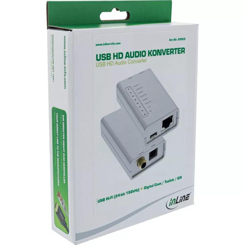 USB HD Audio adaptér InLine 33053I 24 bit 192kHz digitálny Coax/Toslink/I2S konvertor