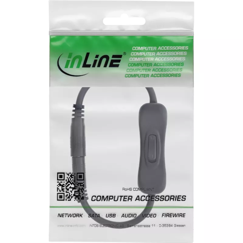 InLine DC kábel s vypínačom, DC konektor samec/samica 5,5x2,1mm, AWG 18, čierny, 0,20m