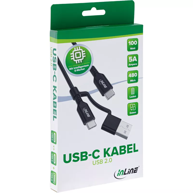 InLine 2-in-1 USB-C kábel + USB-A adaptér, USB 2.0, 100W, TPE, čierny, 1m