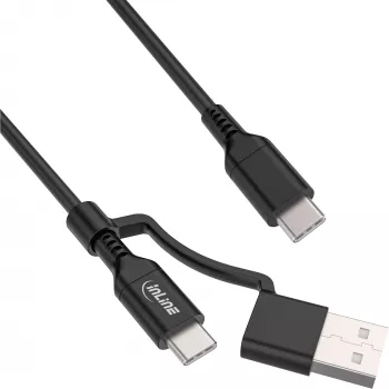InLine 2-in-1 USB-C kábel + USB-A adaptér, USB 2.0, 100W, TPE, čierny, 2m