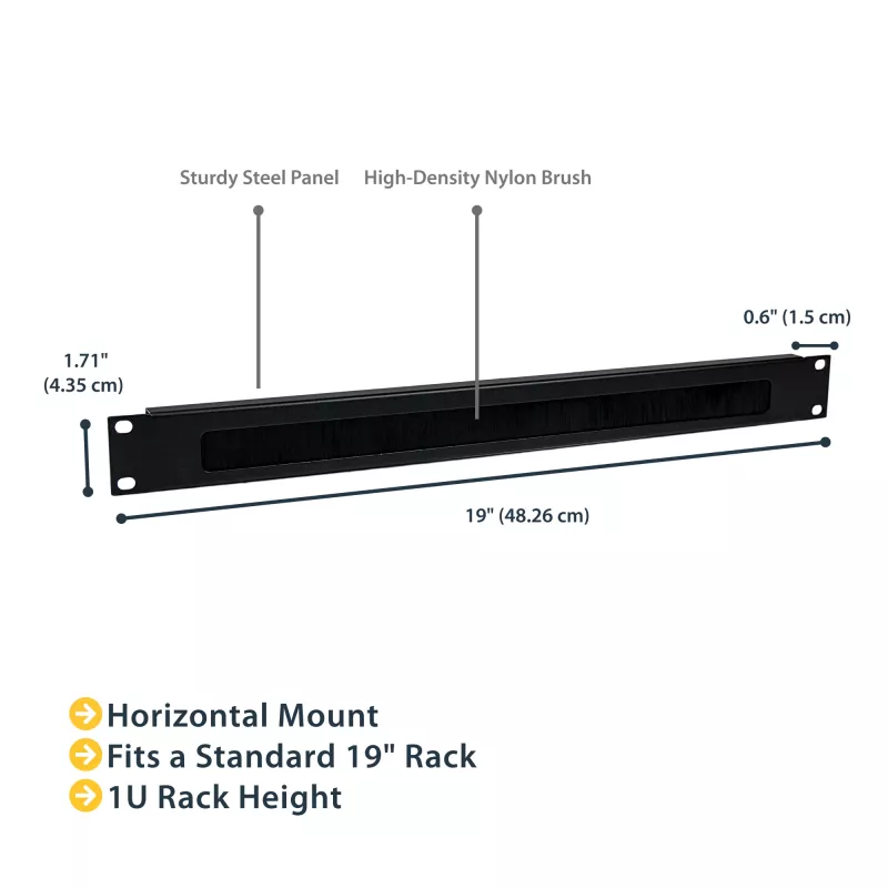 StarTech.com 1U High-density Brush Strip panel na manažment káblov, spoľahlivé horizontálne oceľové vedenie káblov pre dátové centrá