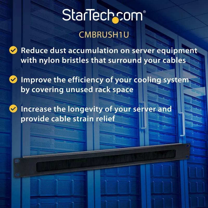 StarTech.com 1U High-density Brush Strip panel na manažment káblov, spoľahlivé horizontálne oceľové vedenie káblov pre dátové centrá