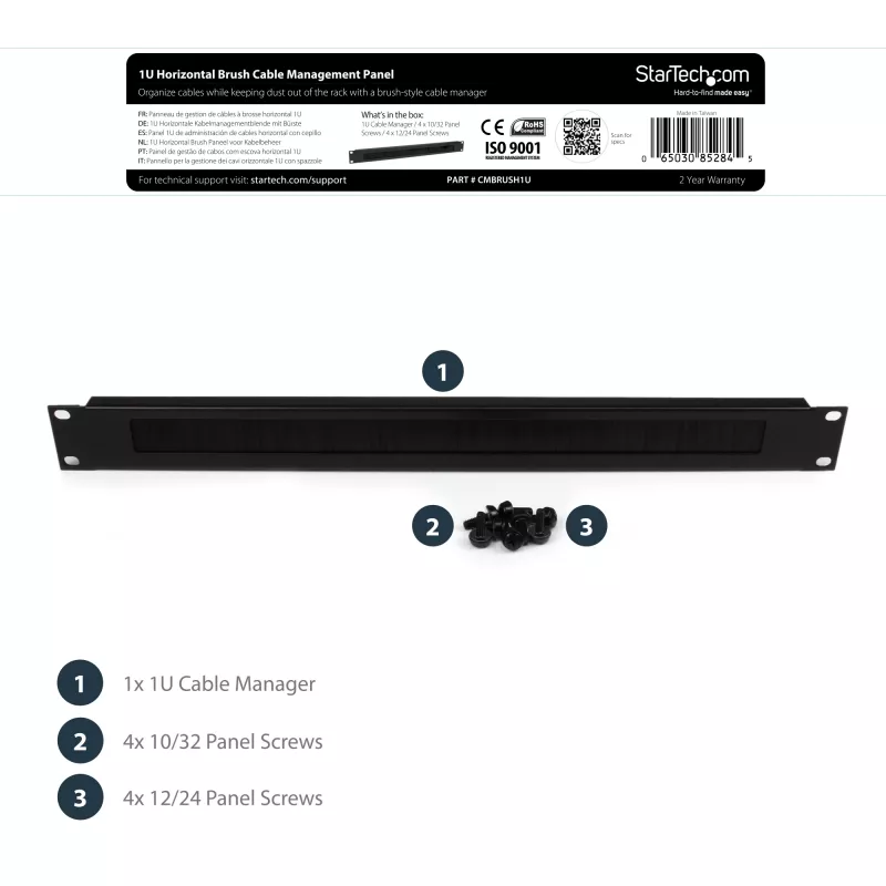 StarTech.com 1U High-density Brush Strip panel na manažment káblov, spoľahlivé horizontálne oceľové vedenie káblov pre dátové centrá