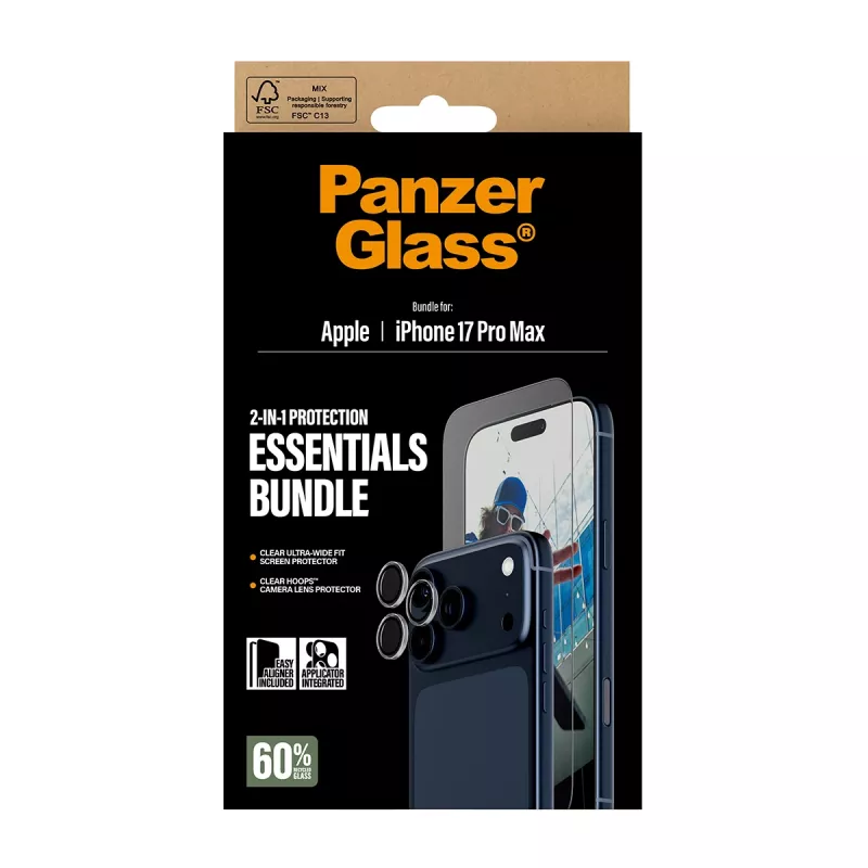 PanzerGlass 2-in-1 Essentials Bundle iPhone 17 Pro Max odolný proti poškriabaniu a nárazom