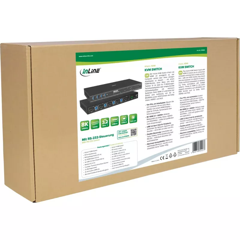 InLine 57885D KVM prepínač, 4-cestný, HDMI, 8K@60Hz, USB 3.2, s IR a RS-232