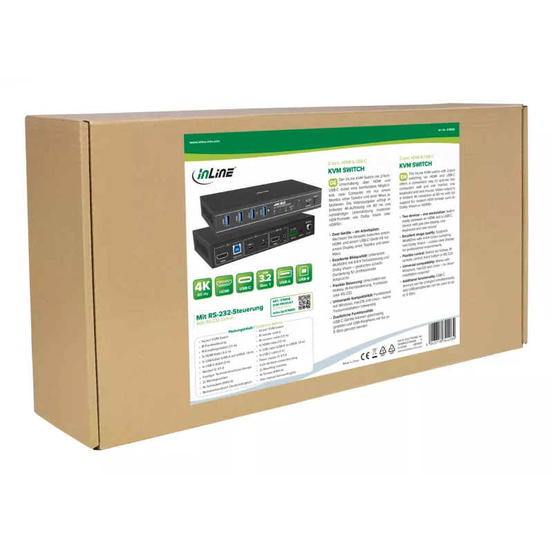 InLine 57885E KVM prepínač, 2-cestný, HDMI a USB-C, 4K60Hz