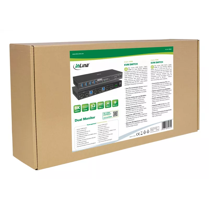 InLine 57885H KVM prepínač, 2-cestný, HDMI, dva monitory, 8K60Hz, USB hub, čierny