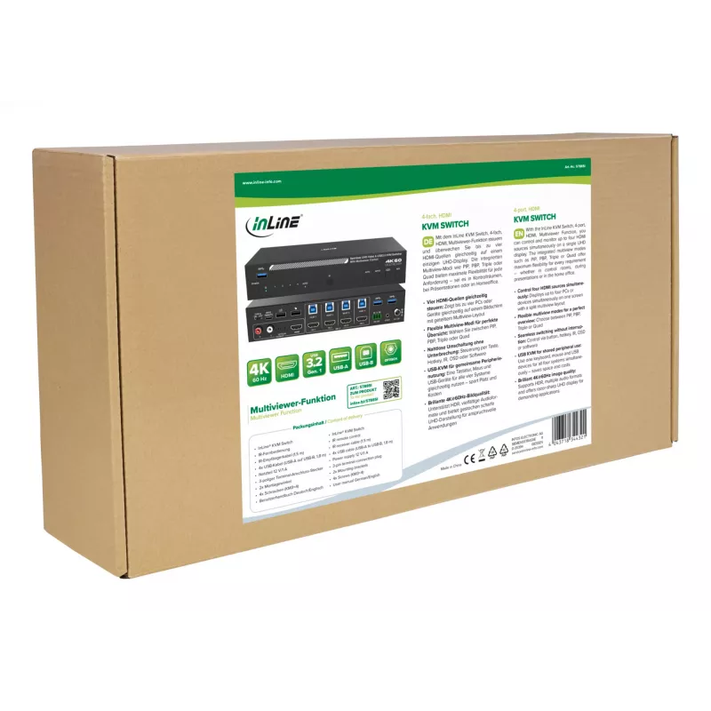 InLine 57885I KVM prepínač, 4-cestný, HDMI, 4K60Hz, multiviewer, USB hub, čierny