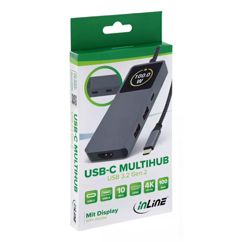USB-C rozhranie hub InLine 35392D USB 3.2 Gen 2 Type-C host na HDMI, USB-A, USB-C 10000 Mbit/s sivý