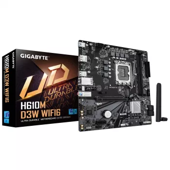 GIGABYTE H610M D3W WIFI6 základná doska – podporuje Intel Core CPU 14. generácie, 5+1+1 fáz VRM, do 5600 MHz DDR4, 1x PCIe 3.0 M.2, Wi-Fi 6, 1GbE LAN, USB 3.2 Gen 1
